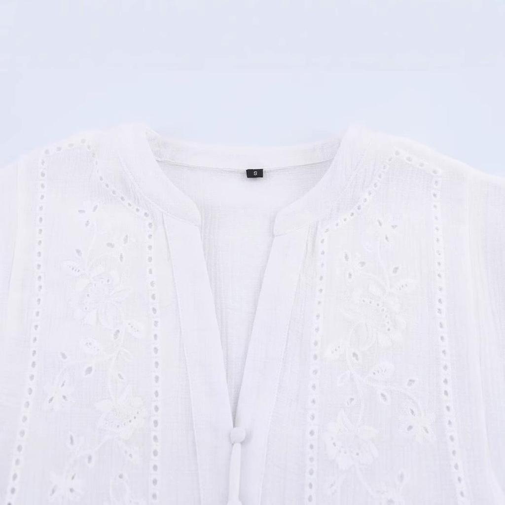 Women's European & American Style Hollow Embroidery Short Shirt - Spring 2025