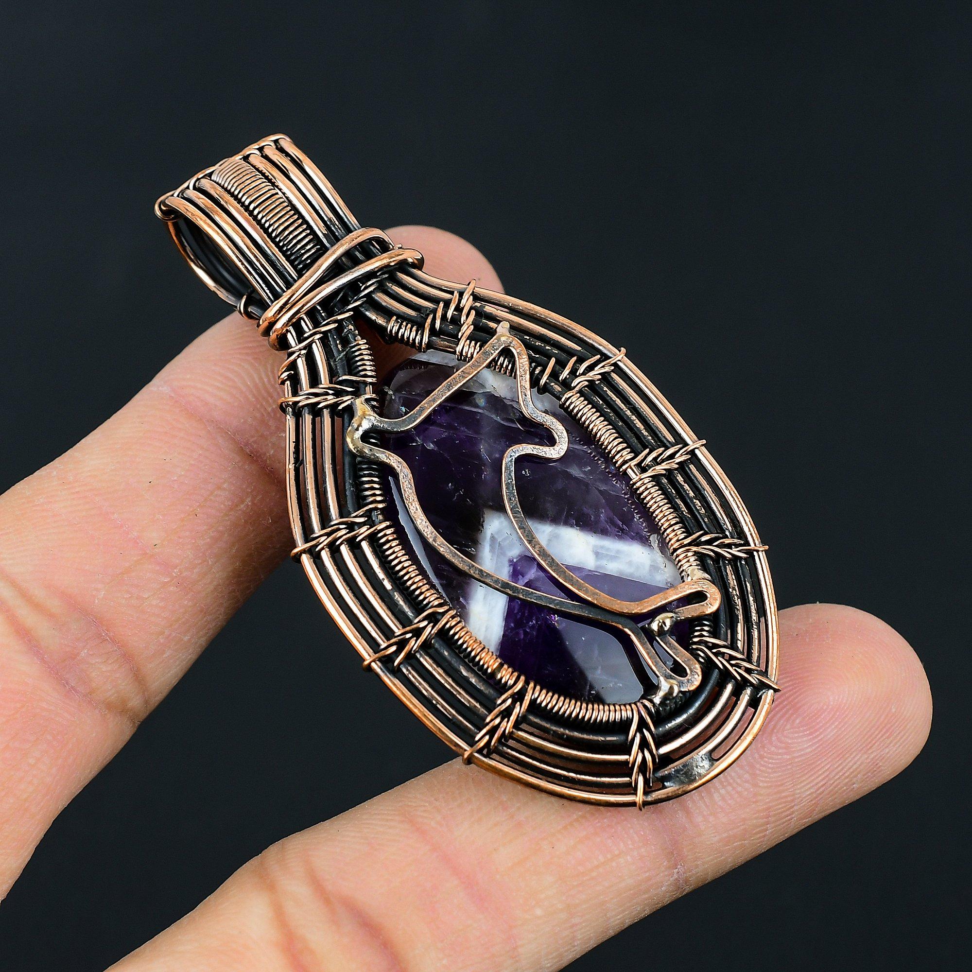 

Handmade Amethyst Chevron Crystal Wire Wrapped Pendant Antique Copper Tree/Dolphin Motif Necklace Jewelry for Women & Men Unique Spiritual Gift