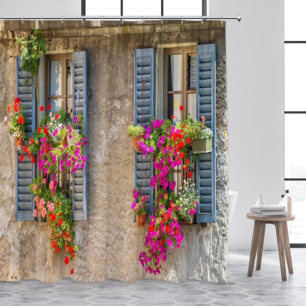 Rustic Fence Flowers Shower Curtains Pink Rose Floral Plant Garden Scenery Wall Hanging Fabric Bathroom Curtain Decor With Hooks