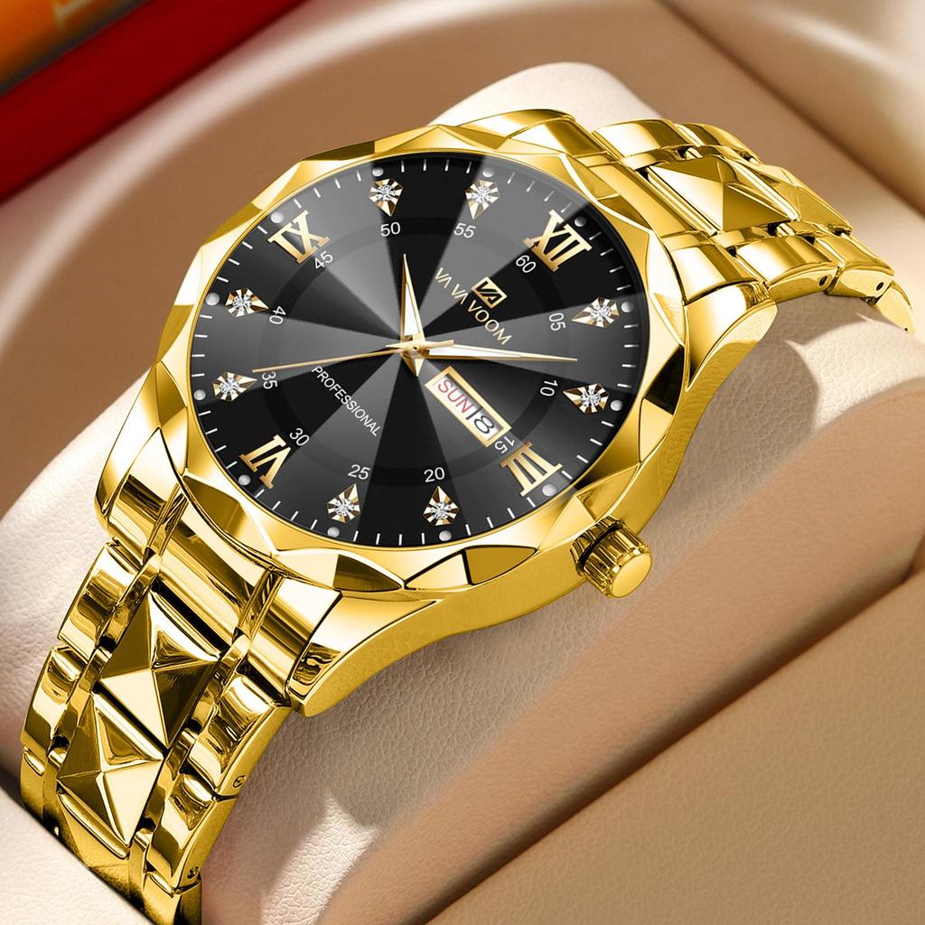 VA VA VOOM Luxury Men’s Quartz Watches Man 30m Waterproof Luminous Date Week Stainless Steel Men Watch Casual Sports Women Quartz Watches Male Clock