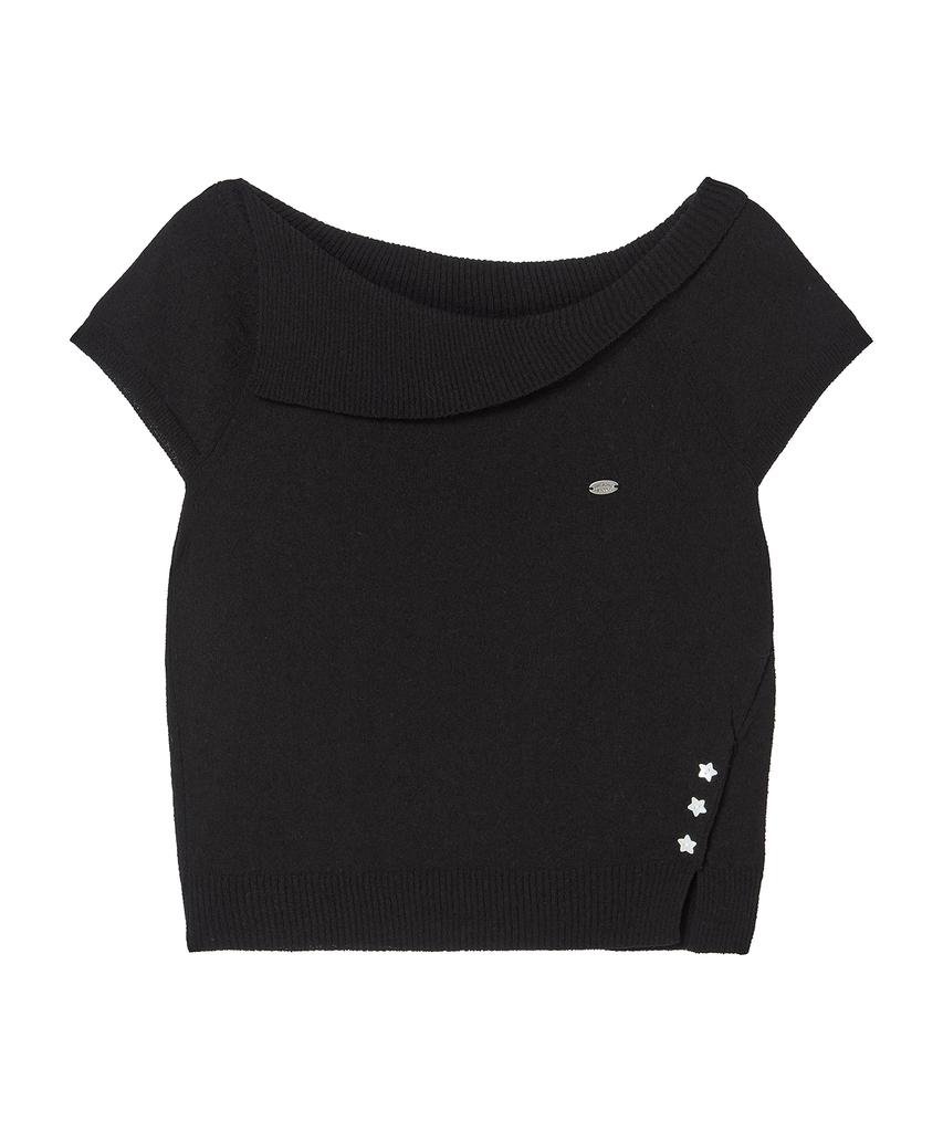 AWESOME STUDIO Asymmetrical Collar Off-Shoulder Knit Black