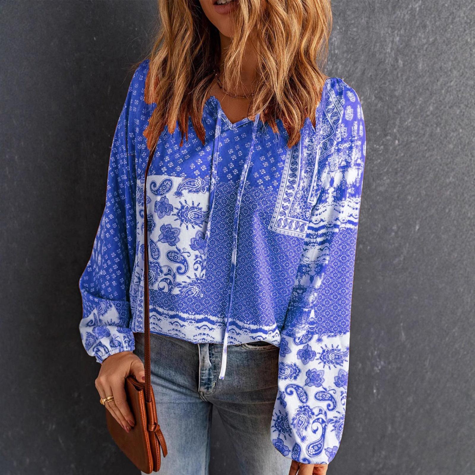 Women s Casual V-Neck Floral Print Top M синий