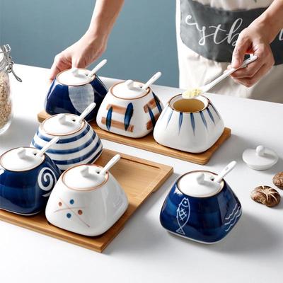 Japanese Ceramic Kitchen Seasoning Jar Set with Lids for Salt, Lard, and Chili Oil