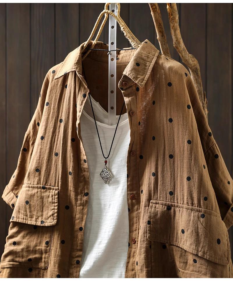 2025 Women's Cotton Linen Polka Dot Shirt - Short Sleeve, Loose Fit, Plus Size, Artistic Casual Summer Jacket