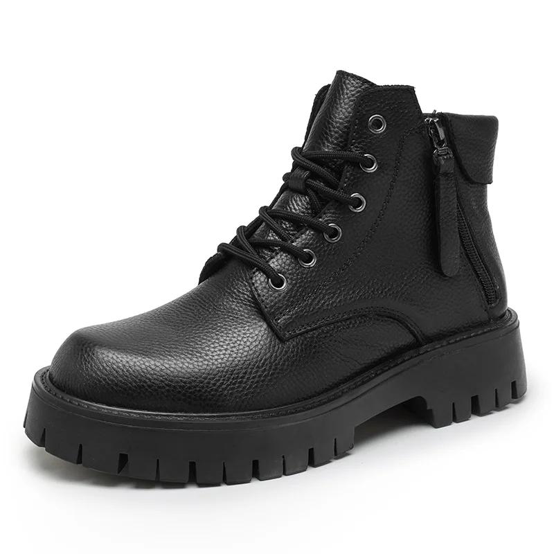 New Luxury Brand Black Men Genuine Leather Boots Fashion Lightweight Biker Boots Men Comfy Casual Outdoor Antiskid Ankle Boots