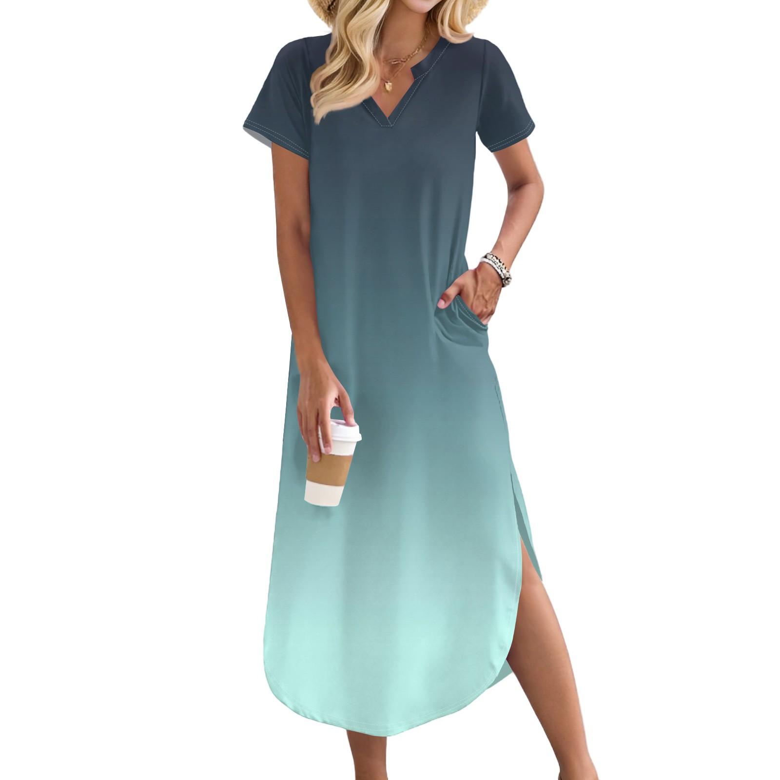 

Женское длинное платье-рубашка с V-образным вырезом, повседневное, с коротким рукавом и свободным разрезом XXL красный