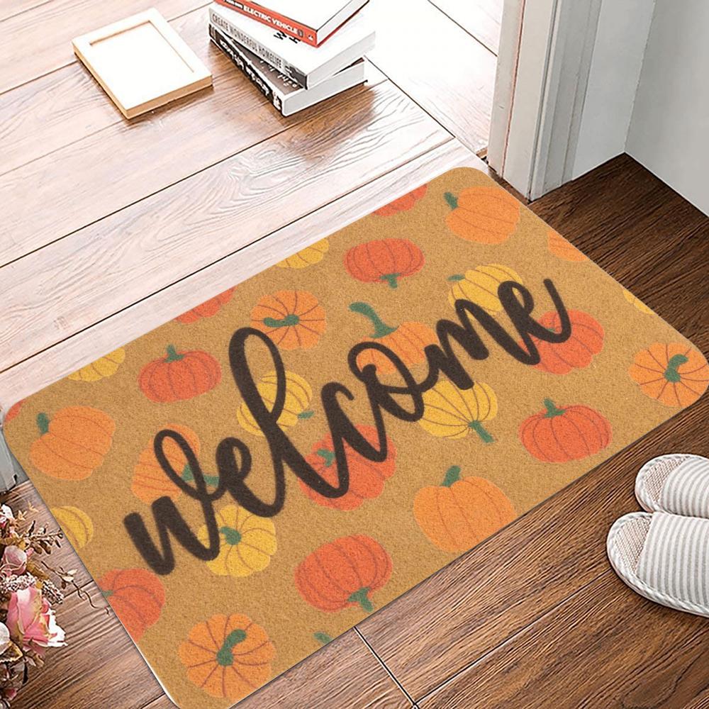 Autumn Theme Door Mat Various Fall Patterns Like Maple Leaves Pumpkins and "Welcome" Letters Non - Slip Floor Mat for Home Decor