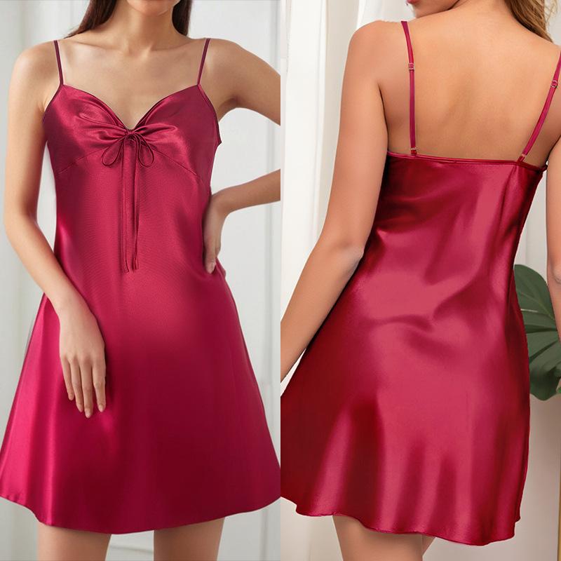 

Женская ночная рубашка, ночная рубашка с сексуальными подвязками, интимное белье, милый бант, домашний халат, повседневная атласная одежда для отдыха XL красный