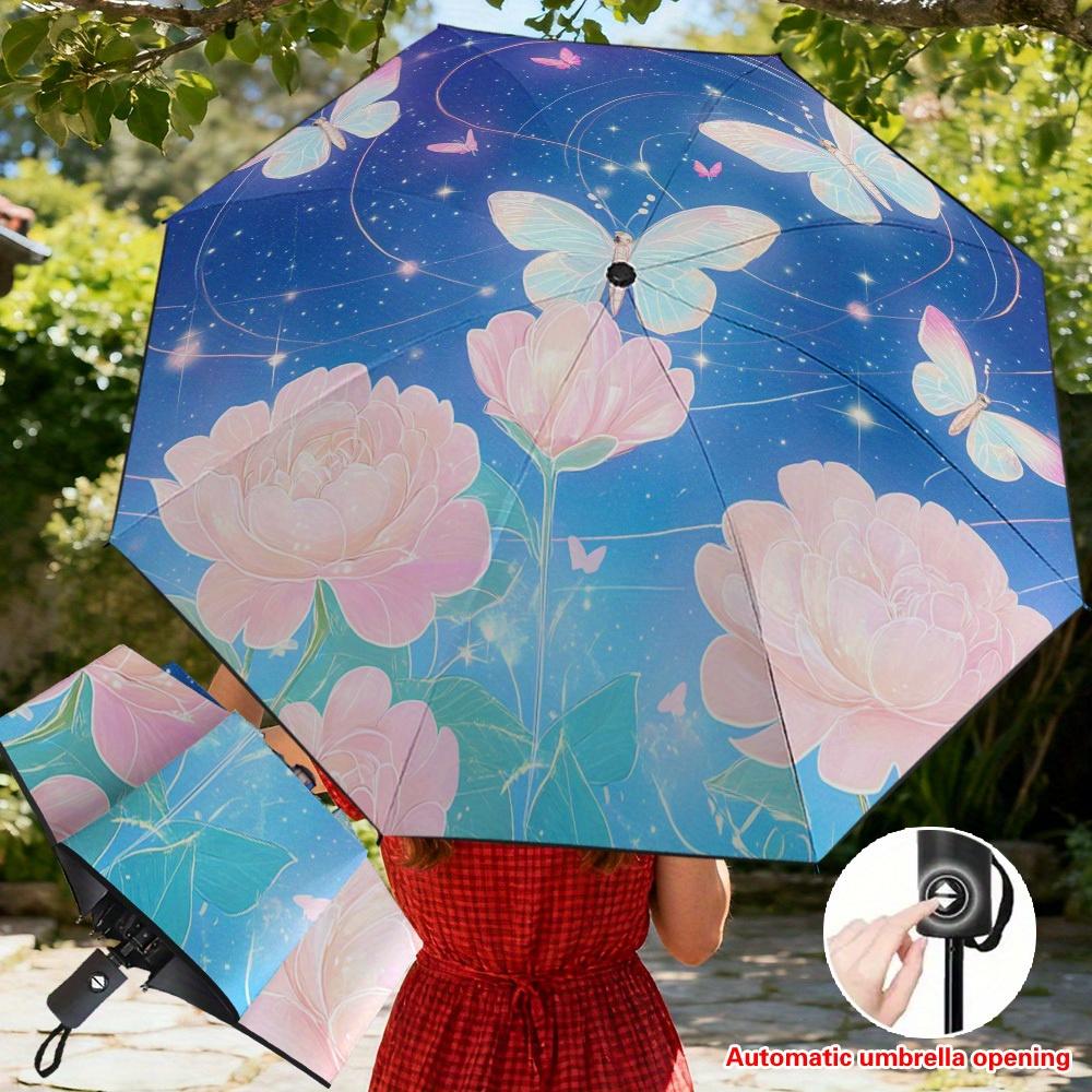 

1pc Butterflies Among Pink Blooms Patterned Print Automatic Folding Umbrella | Blocking, Thickened Reinforced Frame, Ideal for (as the picture,Iron&8K)