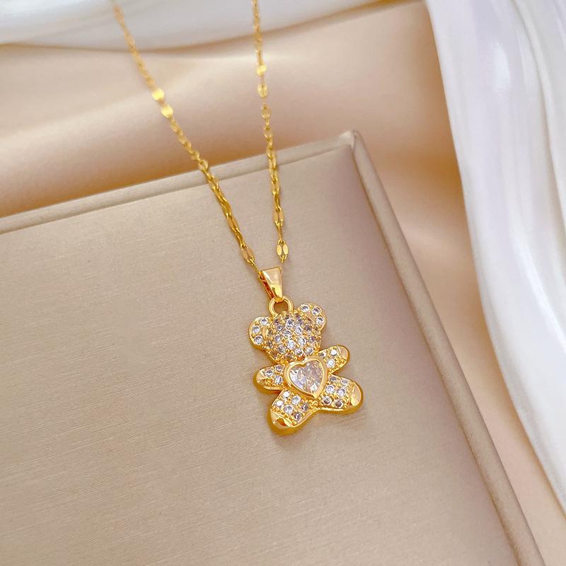 

Light Luxury Temperament Gorgeous Full Of Diamonds Cute Bear Necklace Female Versatile Collarbone Chain Titanium Steel Chain