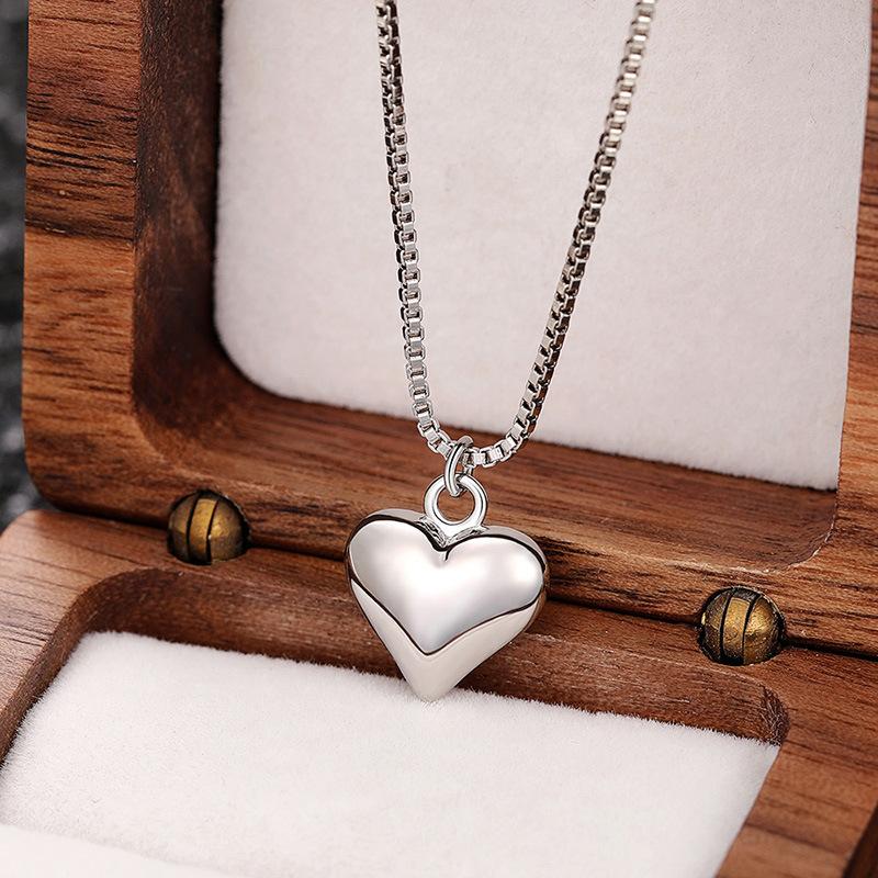 Silver Plated 3D Heart Pendant Necklace & Hoop Earring Jewelry Set, Minimalist Box Chain Set for Women
