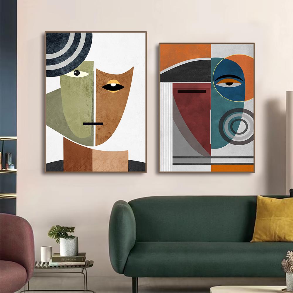 Oljemalerier i Picasso-stil, abstrakte geometriske linjer, kvinnelige ansiktsbilder, plakater og hjemmedekor