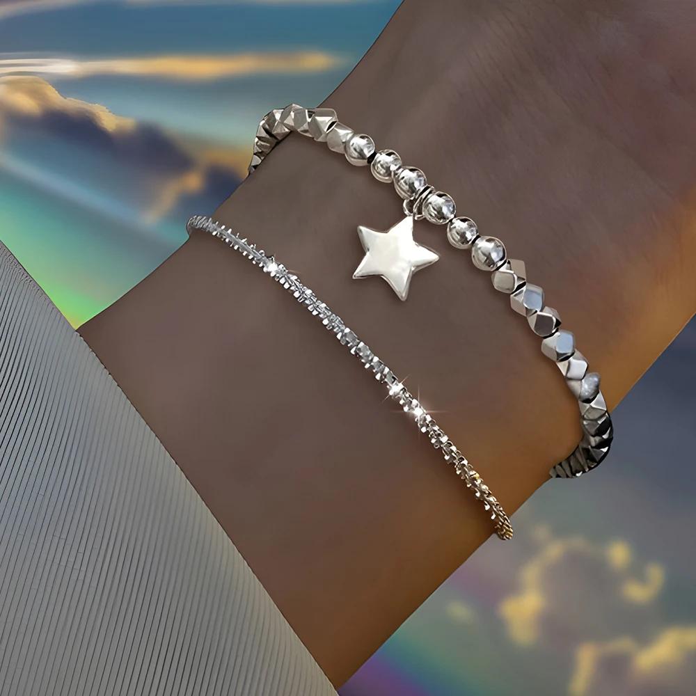 6 Pièces Bracelets Strass Argent 925 pour Femmes Filles Luxe Coréen Scintillant Ciel Étoilé Charms Bracelets Bijoux de Fête
