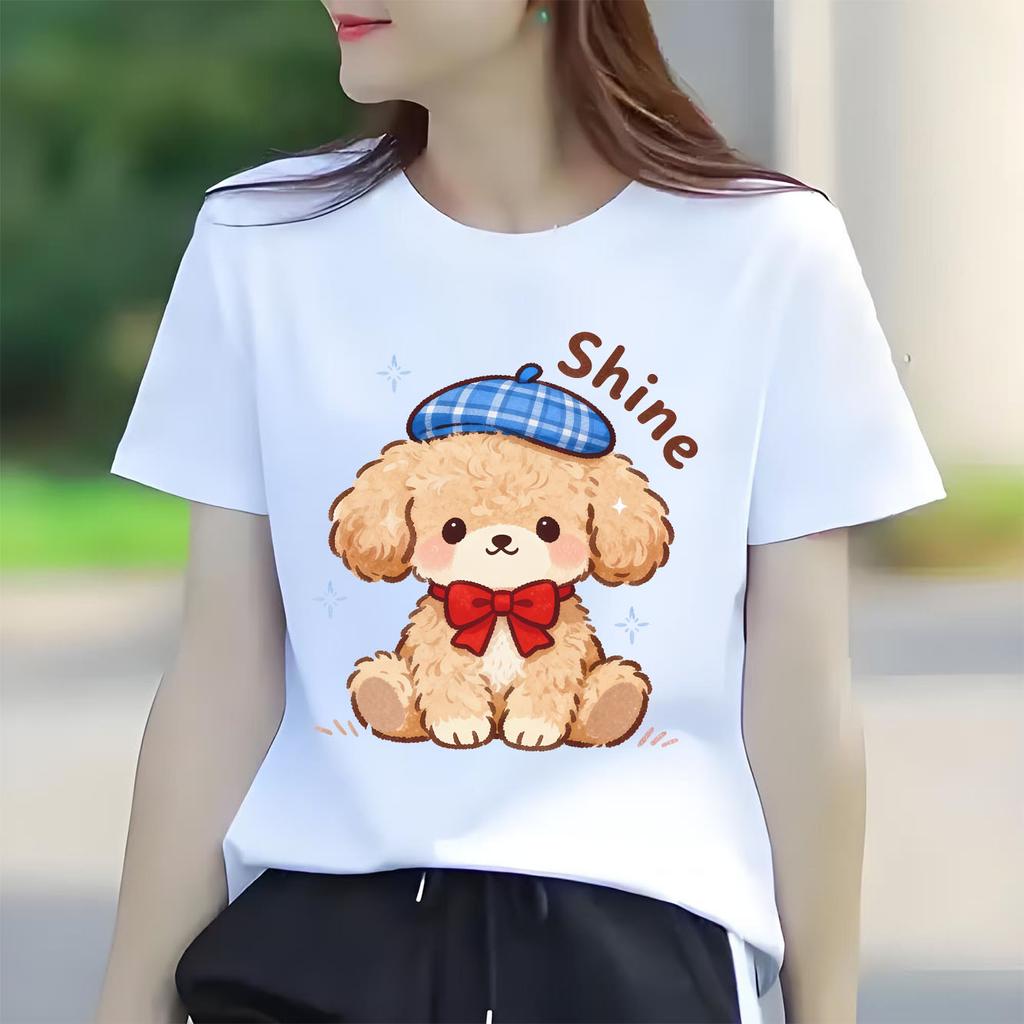 Neues Niedliches Cartoon Lockiger Hund Aufdruck T-Shirt Lässig Kurzarm Geeignet für Vier Jahreszeiten Tägliche Kleidung Damen T-Shirt