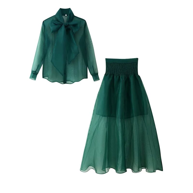 

Summer New Product Women s Clothes Fashion Wind Perspective Yarn Bowknot Decoration Shirt + High Waist Casual Long Skirt Green Suit XL