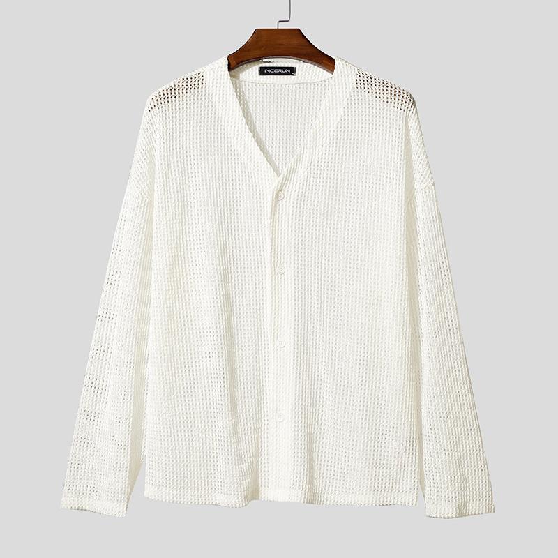 

INCERUN Mens V Neck Long Sleeve Button Up Hollow Out Crochet Cardigan Knit Tops 4XL