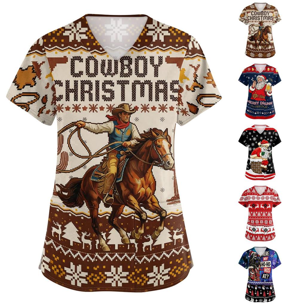 Women's Loose Fit Uniform Dress with Christmas Print V-Neck and Side Slit Short Sleeve