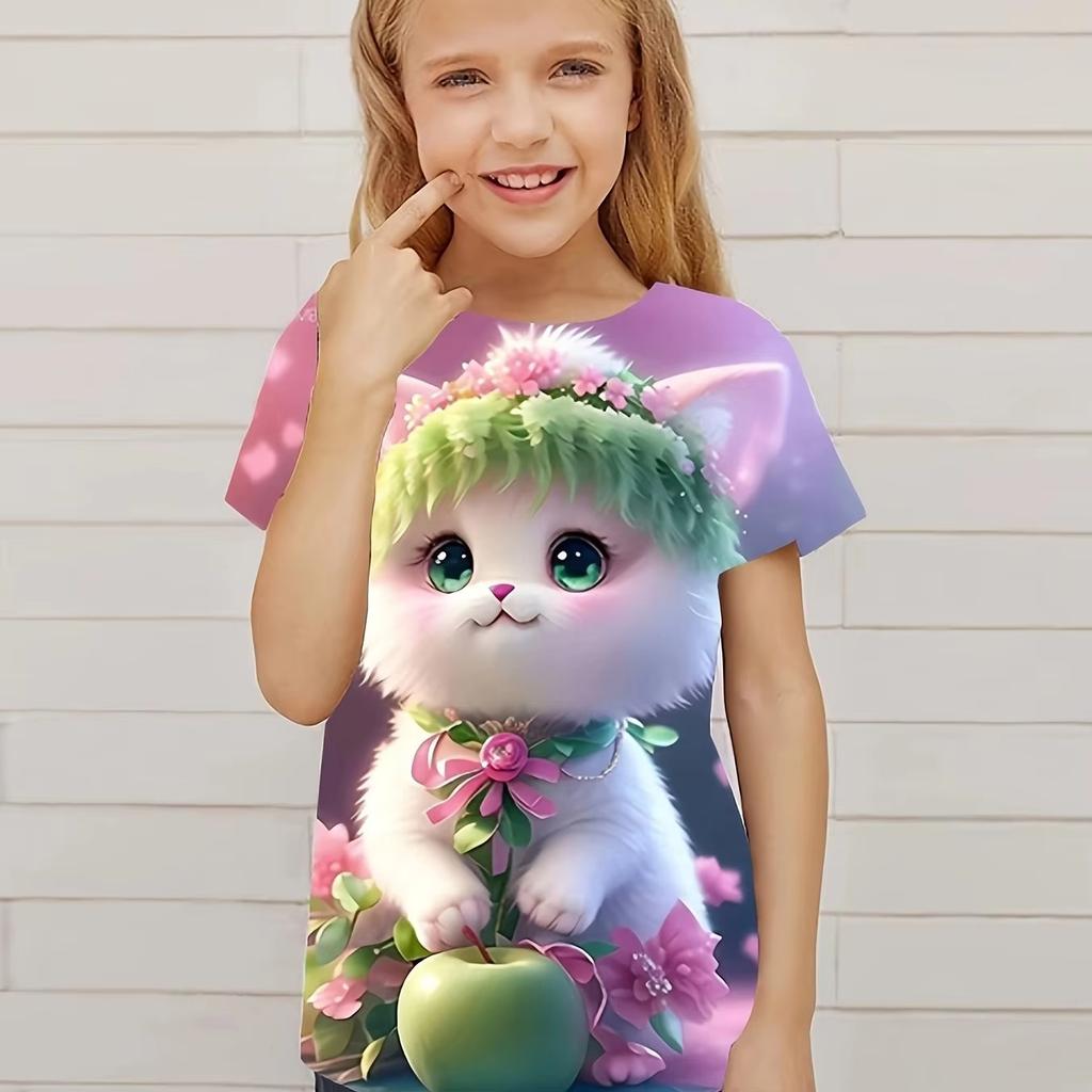 2025 Lato Nowa Odzież Dziecięca Uroczy Wzór Kota 3D Nadrukowany Top z Krótkim Rękawem Odzież Dziecięca T-shirt Casualowa Bluza Dziecko