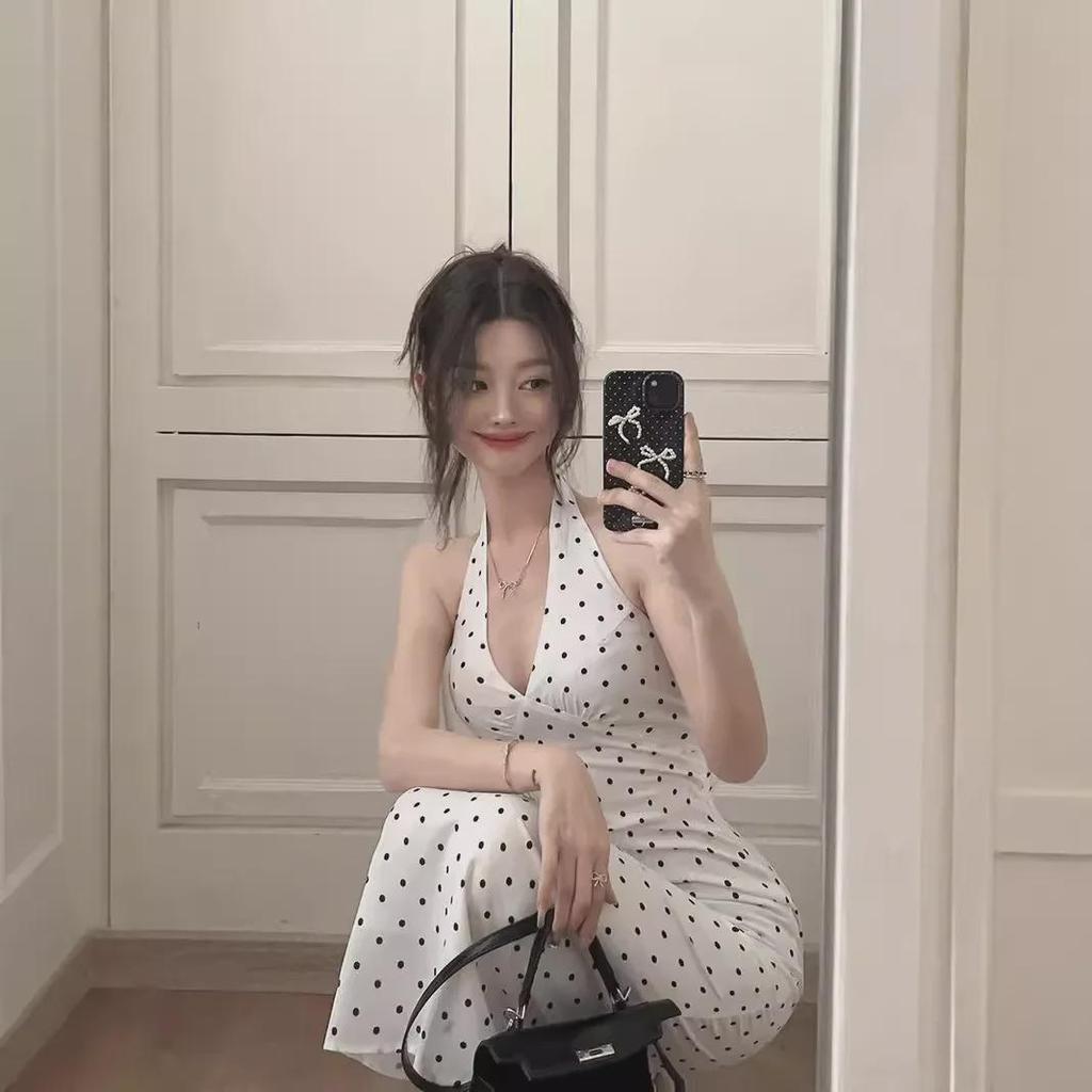 2024 Korean-French Style Backless Lace-Up Polka Dot Halter Neck Long A-Line Summer Dress