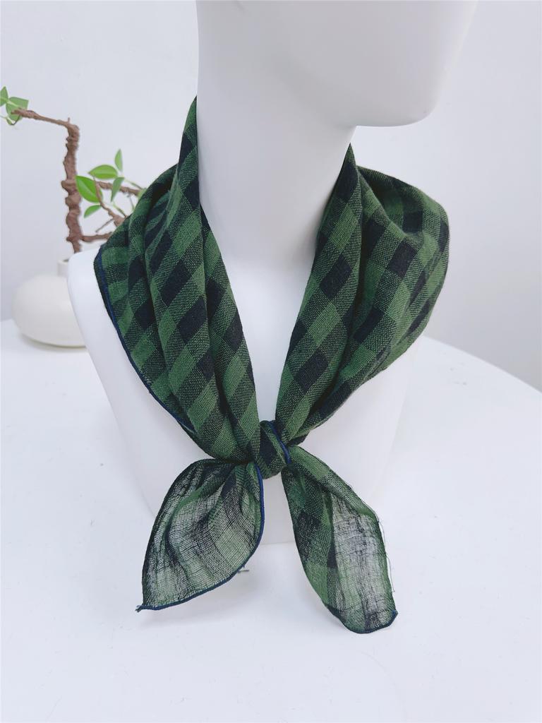 Literary And Elegant Yarn-Dyed Linen Plaid 70Cm Small Square Scarf, Neck Protection Japanese Simple And Versatile Small Scarf