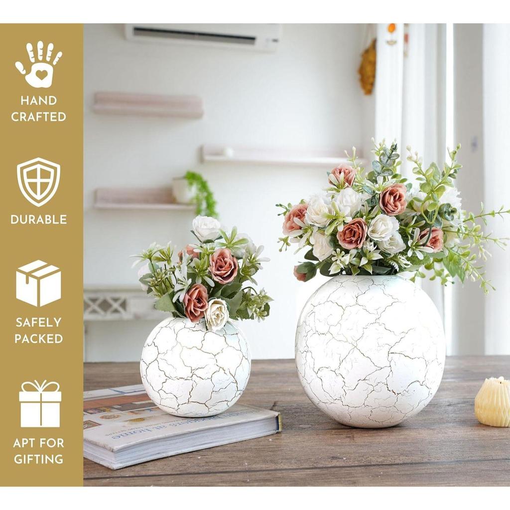 Metal Ball Vase for Home Decor|Round Flower Pot for Bedroom Living Room Office Wedding Birthday Anniversary Festival | Off-White