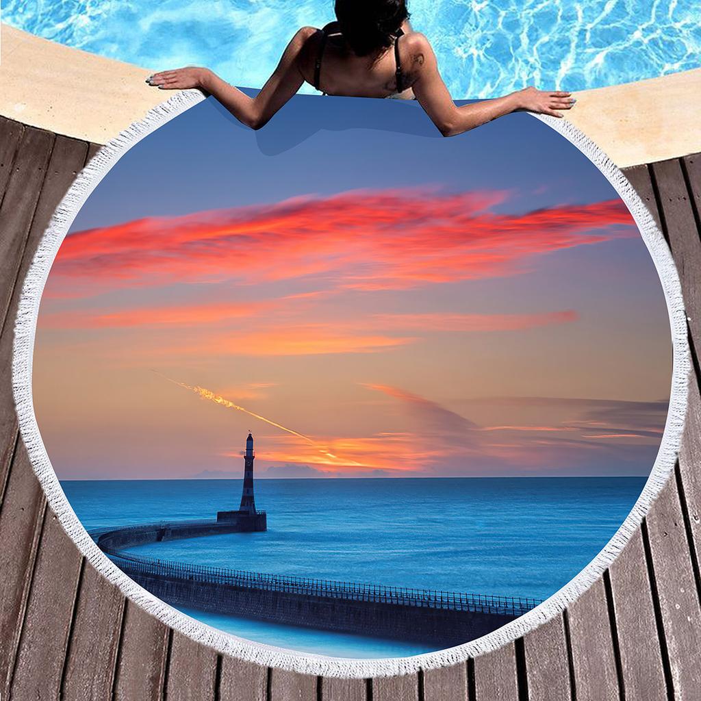 Lighthouse Round Beach Towel with Tassels Microfiber Quick Dry Beach Blanket Sand Free Absorbent Swim Pool Circle Towel Yoga Mat