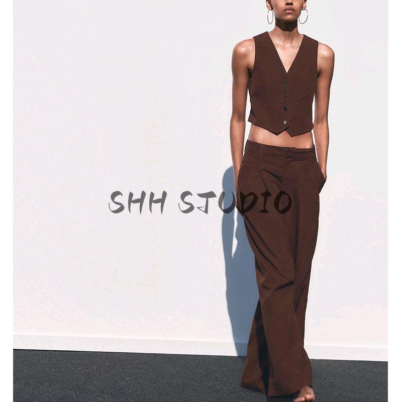 Back Opening Design V Neck Vest Jacket 4749766 High Waist Wide Leg Leisure Pleated Pants 1255435