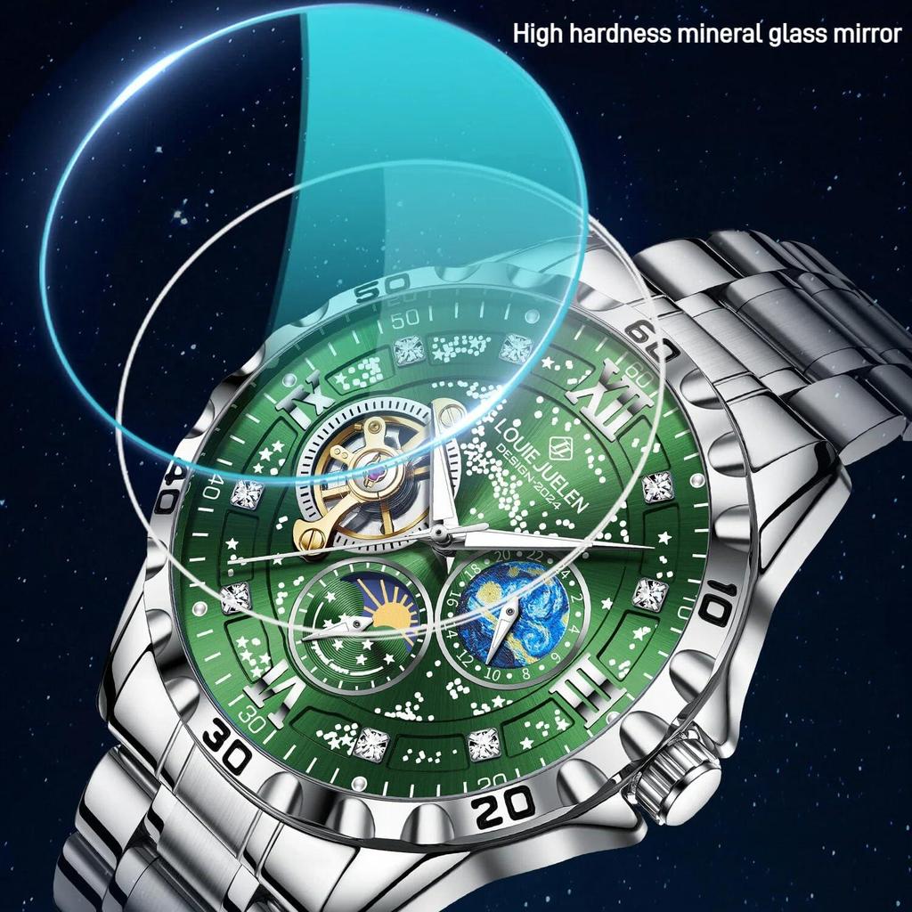 Luxury Automatic Mechanical Men Watch Fashion Moon Phase Business Watches Hollow Tourbillon Stainless Steel Men Wristwatch