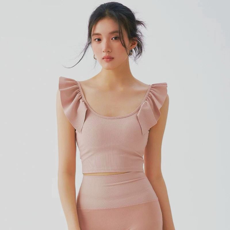 

Beautiful Yoga Clothes Slimming outside Wear Fixed Cup Sports Intimates Flying Sleeve Ballet Style Gather New Workout Top Women Pink S