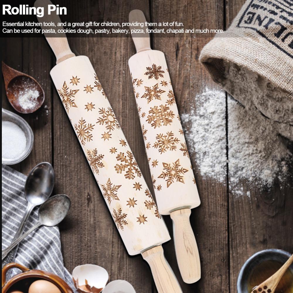 Wooden Embossed Rolling Pin Snowflake Pattern Cookie Rolling Pin Kitchen Decor