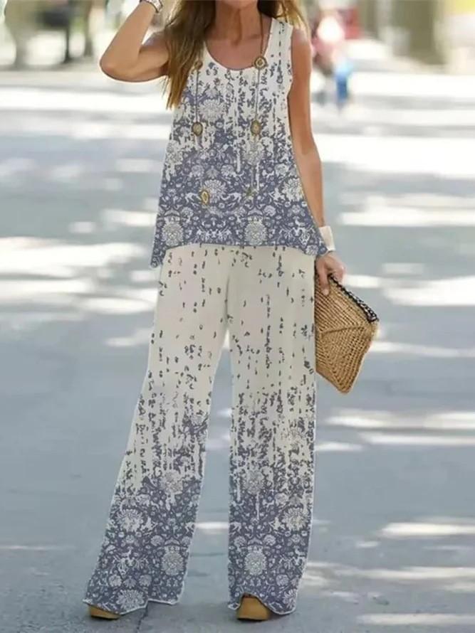 Temu spring and summer new European and American fashion women's clothing abstract printing sleeveless vest wide-leg pants set