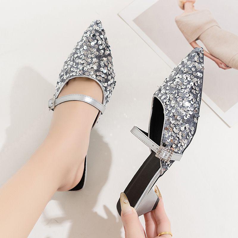 French pointed head thick heel bag head half slippers fashionable outer wear Muller shoes sequined single shoes women's spring and autumn 2025 new