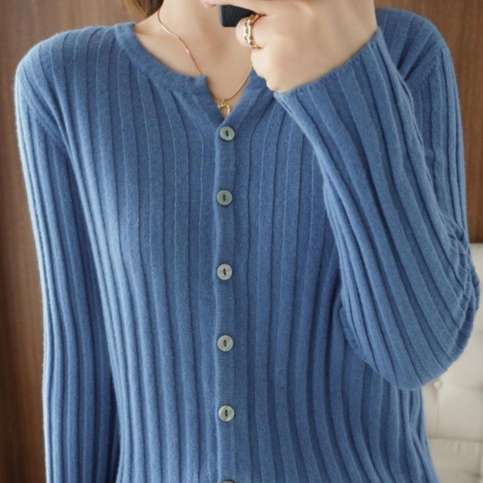 Solid Color Knitted Cardigan Women's Round Neck Casual Minimalist Style Sweater Cardigan Long Sleeved Autumn and Winter Short Cut Thin Knitted Jacket