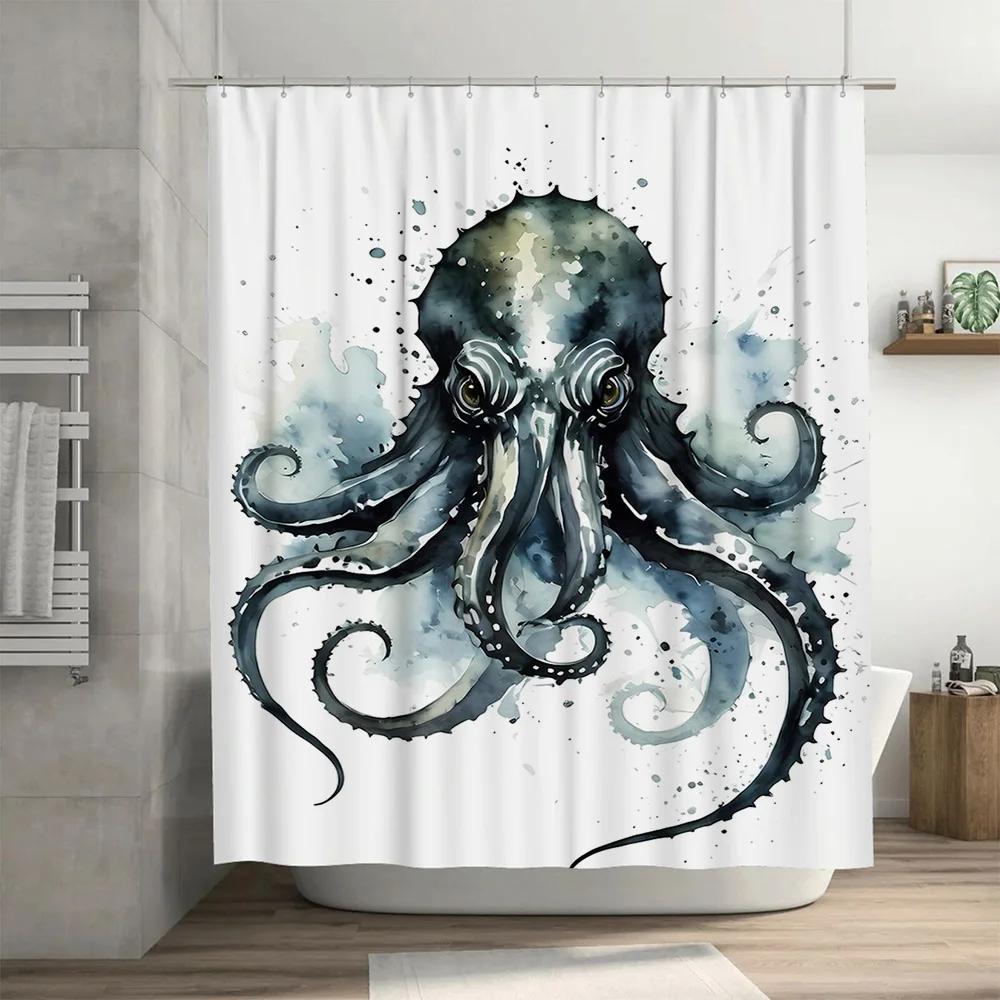Handgezeichneter Oktopus Duschvorhang Badezimmer Dekoration Wandbehang Wasserdichte Vorhänge für Kinderzimmer Kunstdruck Aquarell Stoff