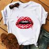 Women Summer T-shirt Red Lips Love Print White Crew Neck Short Sleeve T Shirts Casual Top For Girls
