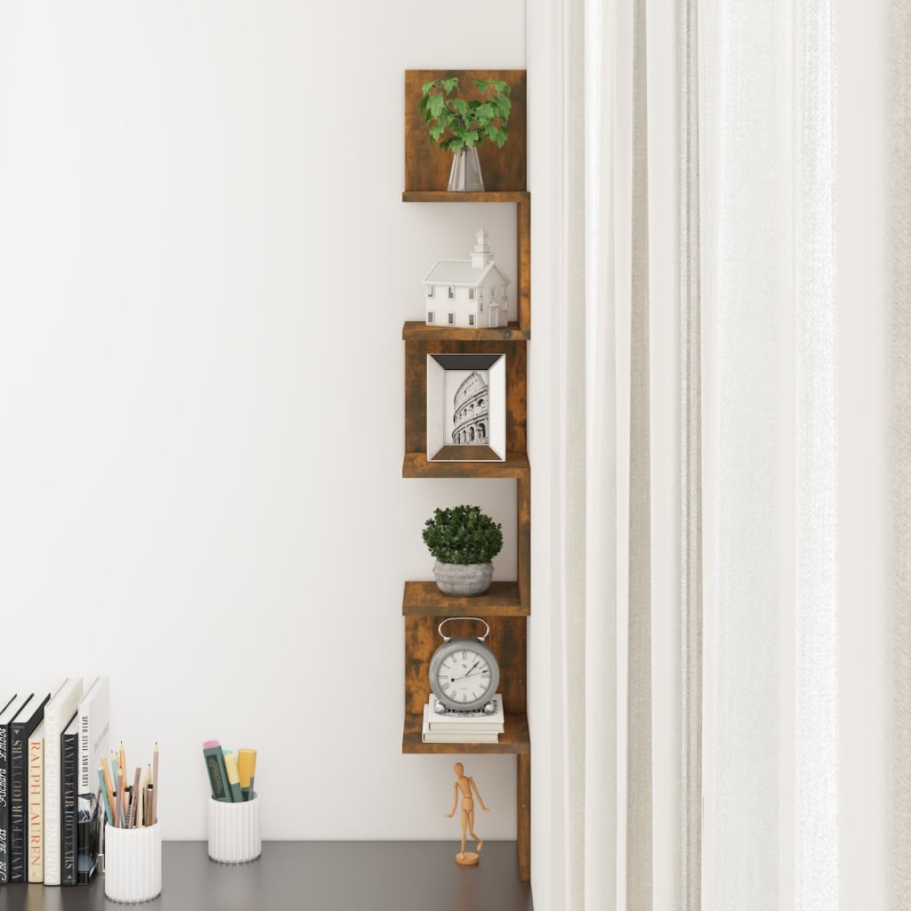 Wall Mounted Corner Shelf Smoked Oak Finish 20 X 20 X 127.5 Cm Particleboard