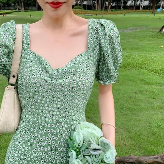 Women Summer Dress Bubble Sleeves High Split Loose Hem Square Neck Flower Print Dating Shirring Tight Waist Women Midi Dress Female Clothes