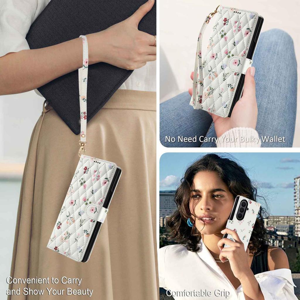 Applicable to Samsung Z Fold7Lanyard phone case with floral and checkered pattern leather cover Fold6/5/4Flip cover case