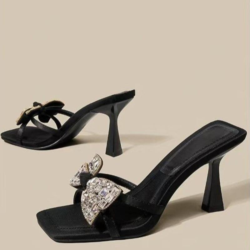 Yaz Yeni Stiletto Sandalet Kare Burun Açık Burun Payetli Kelebek Düğüm İnce Askılı Kaymaz Aşınmaya Dayanıklı Yüksek Topuklu Terlikler