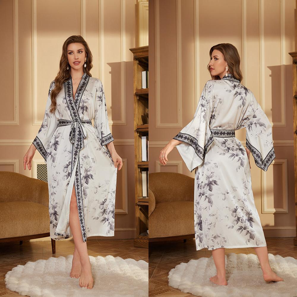 Pajama Women's Spring and Autumn Morning Robe Long Sleeved Robe Bathrobe Women's High-end Satin Nightgown Collection