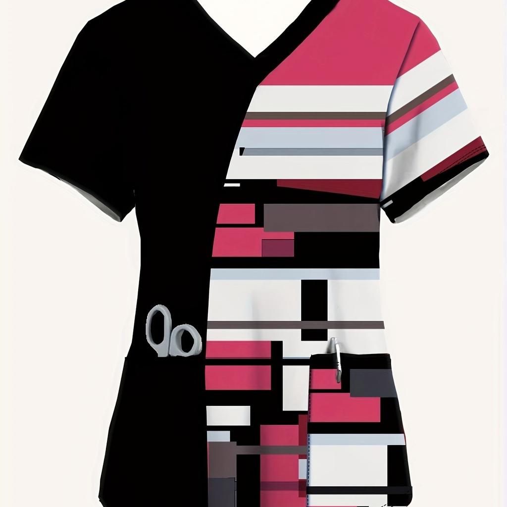 2025 Women's Summer Clothes Stylish Barber Uniform - Black V-Neck T-Shirt with Scissors Comb Print Perfect for Hairdressers