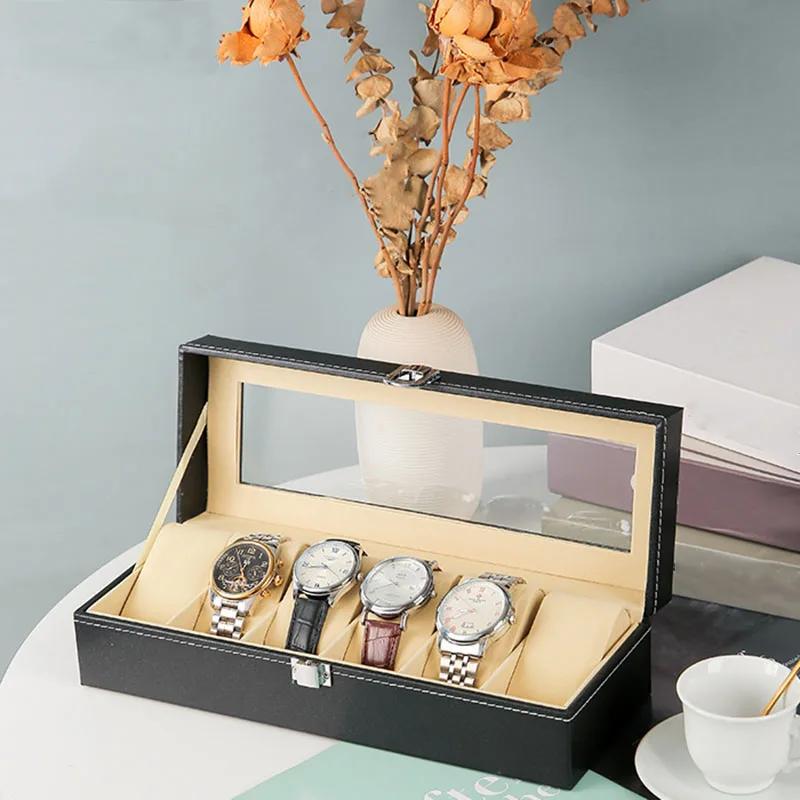 PU Leather Watch Box - Transparent Lid Display Case with Soft Interior, Multi-Drawer Storage Organizer for Jewelry Collection