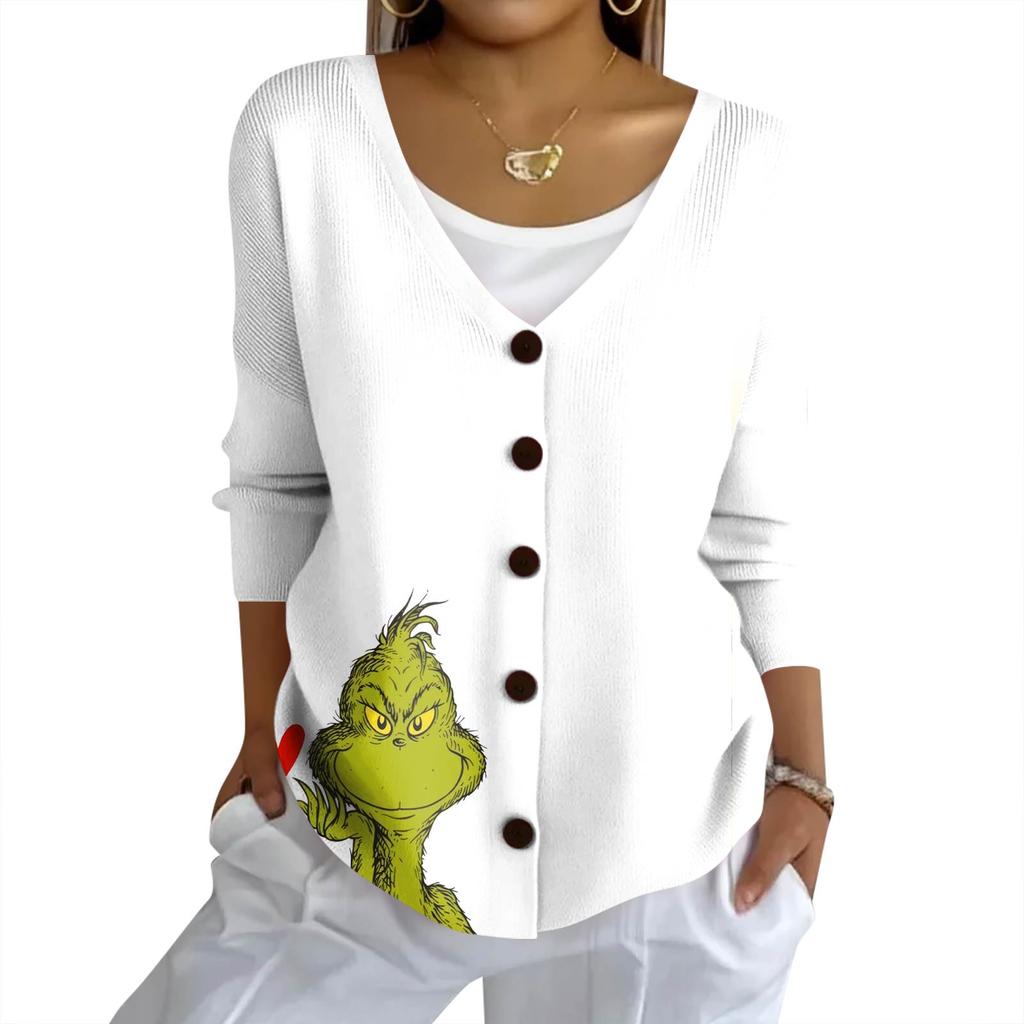 Women's Fashion Casual Knit Sweater Button-Up Christmas Print Cardigan Jacket