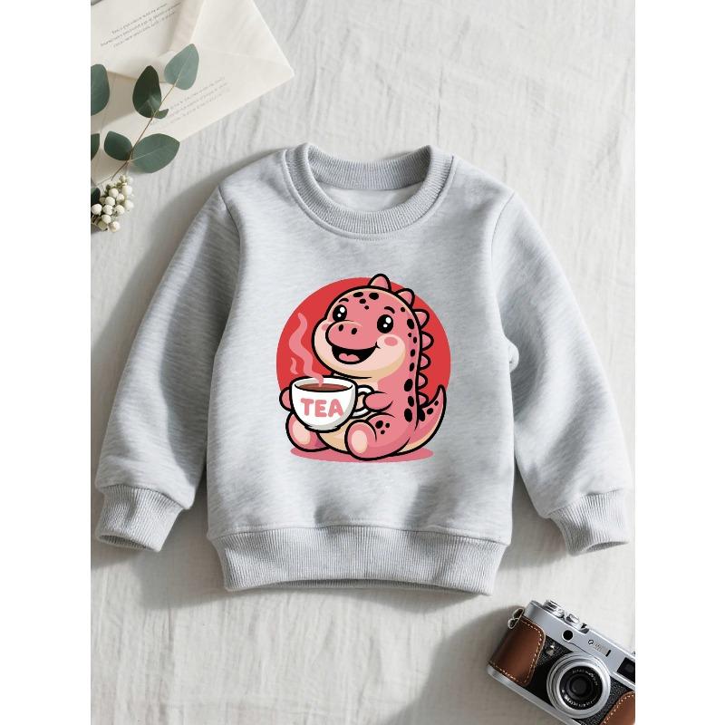 European sizes Cute Little Dinosaur Animal New Crewneck Sweatshirt | Casual Long-Sleeve Pullover with Slightly Stretchy Fabric, Perfect for Kids.