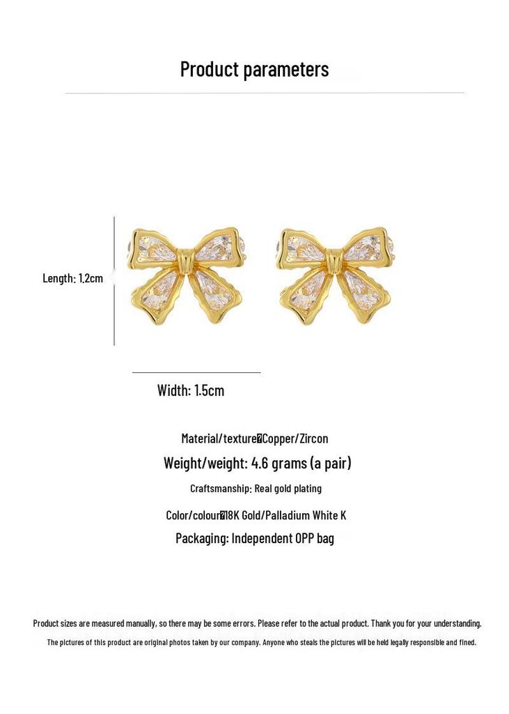 Elegant Gold-Plated Zirconia Bow Stud Earrings - High-End Fashionable Design for Women