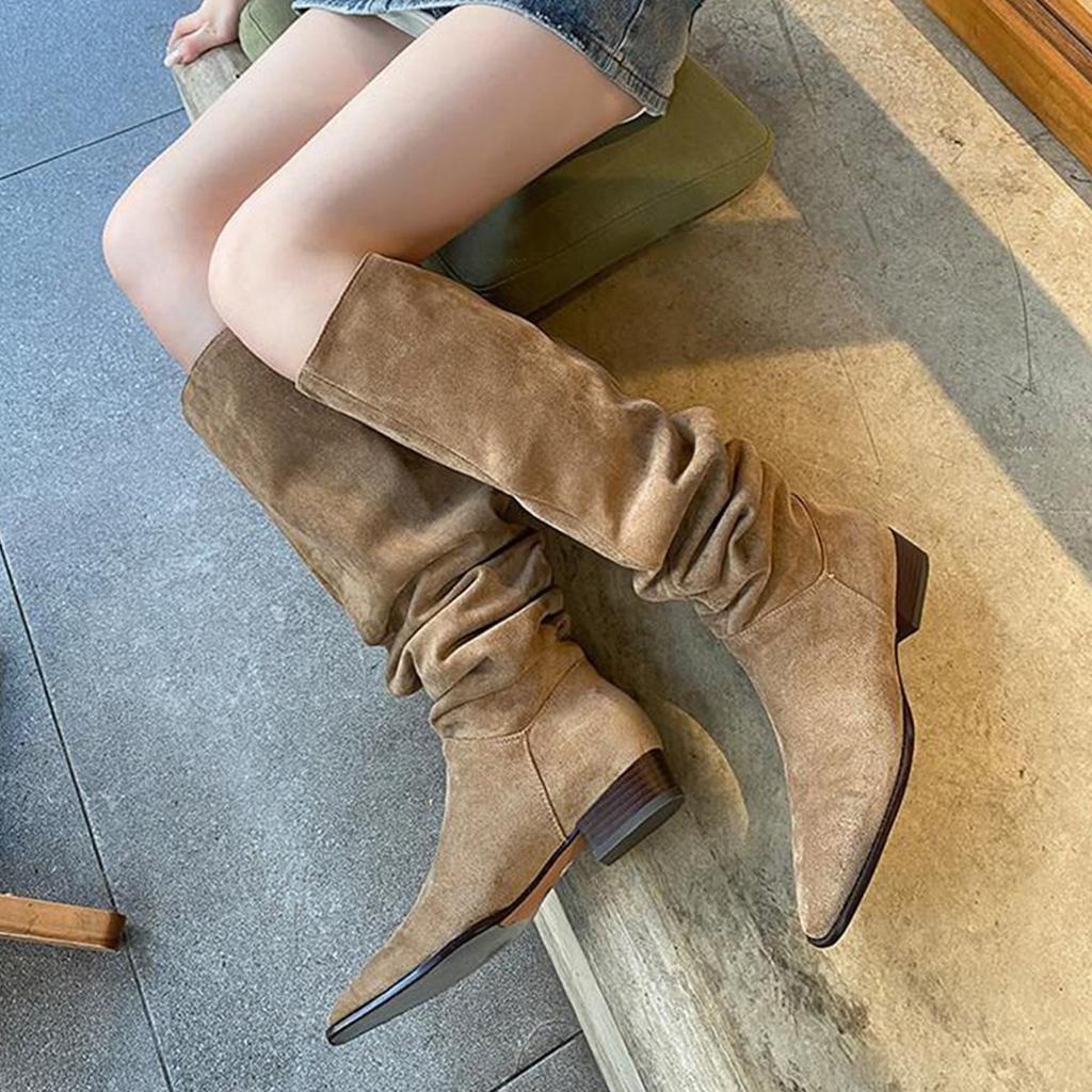 Big Tube Circumference Piled Boots Wrinkled But Knee Boots Women's Autumn and Winter Thick Heel Heightening Knight Boots Maillard Western Boots