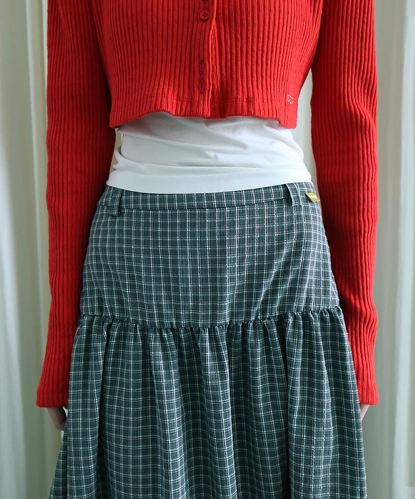 Forev Checked Shirring Long Skirt - Gray