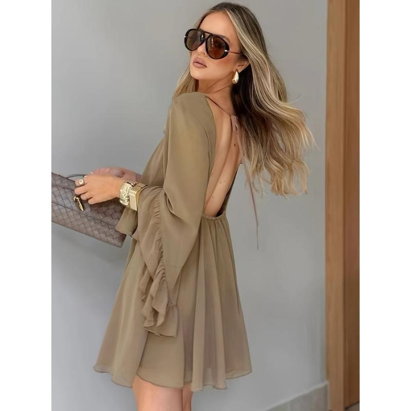 Womens Loose Ruffled Long Sleeve A Line Dress Casual