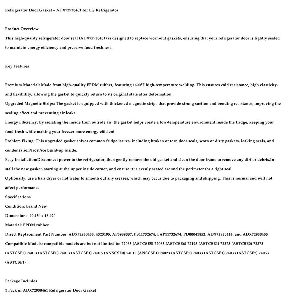 ADX72930461 Refrigerator Door Gasket For LG Refrigerator Right Side ADX72930414