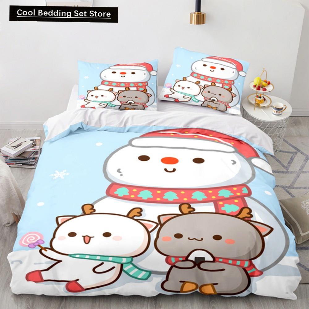 Lovely Peach Cat Bedding Set Cartoon Comforter Sets Double Queen King Twin Full Size Duvet Cover Set Kids Girls White Bed Linen
